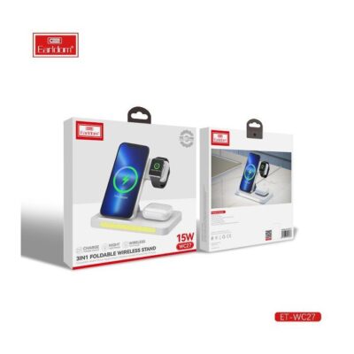 3-in-1 Design: Combines wireless charging for smartphones, a stand for smartwatches, and a holder for true wireless earbuds. Wireless Charging: Supports fast wireless charging for Qi-enabled devices, eliminating tangled cables. Foldable Design: Easily portable and space-saving; folds flat for convenient storage or travel. Multi-Device Compatibility: Works with a variety of devices, including iPhones, Samsung Galaxy, Apple Watch, and AirPods. Adjustable Viewing Angle: Customize your device's angle for optimal visibility in both portrait and landscape orientations. LED Indicator Lights: Provides visual feedback on the charging status of your devices. Sleek and Stylish Design: Modern aesthetic that complements any workspace while ensuring durability. Stable and Secure: Non-slip surface ensures your devices stay in place during charging.